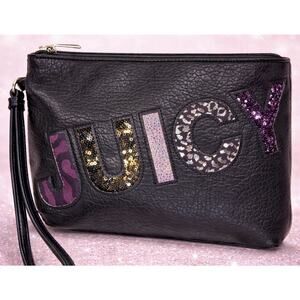 Juicy Couture Black Leather Wristlet Clutch Sequin Logo Pink Zip Vintage Bag